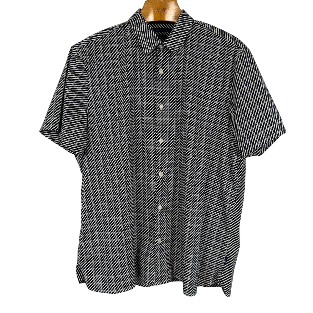 Perry Ellis Shirt Geometric Diagonal Stripe XXL Black and White Slim Fit Stretch